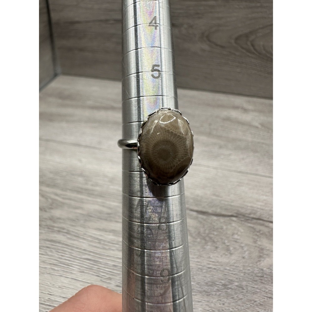 Vintage Petoskey Stone Sterling Ring Sz 5.5-7 Large Oval Fossil Michigan 1970's